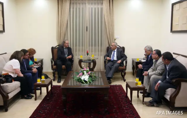Palestinian Prime Minister Salam Fayyad during a meeting with the Chief of International Federation of Journalists, Jim Boumelha in the West Bank city of Ramallah on Sept. 15,2010. . Photo by Mustafa Abu Dayeh / Pool