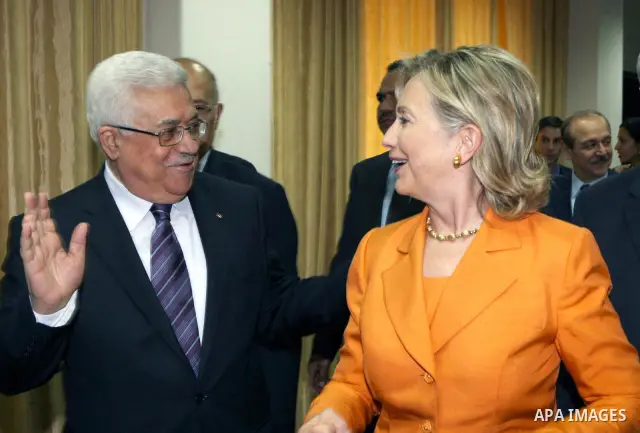 Palestinian President Mahmoud Abbas (Abu Mazen ) during a meeting with the U.S. Secretary of State Hillary Clinton , in Ramallah on Sept. 16,2010 . Photo by Thaer Ganaim