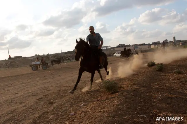 Palestinian jockeys demonstrate their skills as they ride their horses during a race in Gaza city on Sept. 17, 2010. Tens of Palestinians from all over the Gaza Strip gathered to follow the horse race on Friday in the ea...