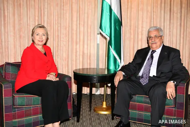 Palestinian President Mahmoud Abbas (Abu Mazen) during a meeting with U.S. Secretary of State Hillary Clinton , in New York on Sept. 24,2010 . Photo by Thaer Ganaim