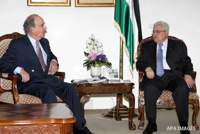 Palestinian President Mahmoud Abbas during a meeting with the U.S. special envoy for the Middle East Peace Process, George Mitchell in the West Bank city of Ramallah on Sept. 30,2010. Mitchell, is making a secretive last...