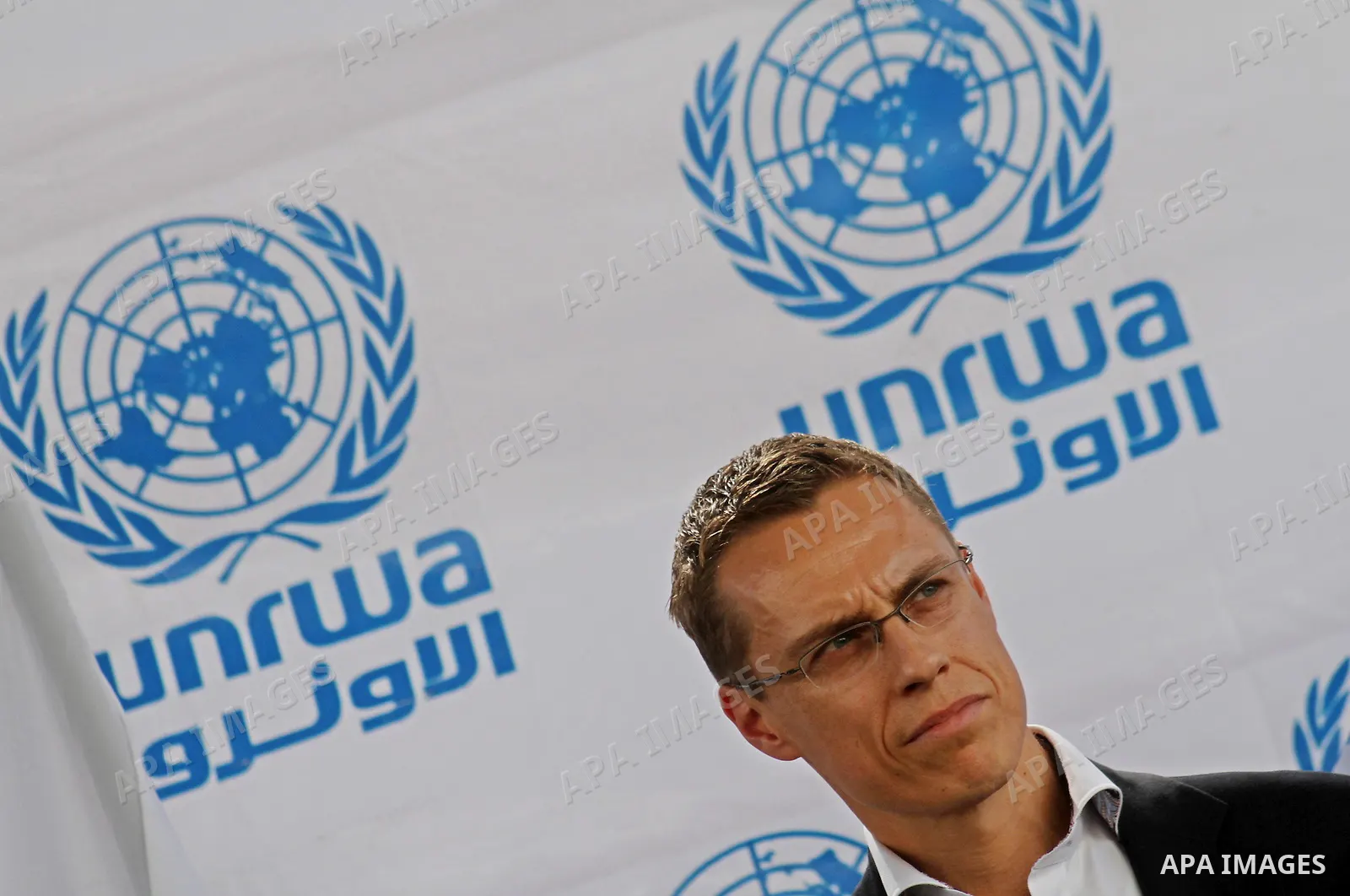 Finnish Foreign Minister Alexander Stubb speaks during a press conference at the UN Relief and Works Agency (UNRWA) headquarters in Gaza city, Thursday, Oct. 14, 2010. Photo by Ashraf Amra