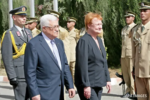 Palestinian President Mahmoud Abbas (Abu Mazen) meets with the President of the Republic of Finland, Tarja Halonen in the West Bank city of Ramallah on Oct. 14, 2010. Photo by Thaer Ganaim