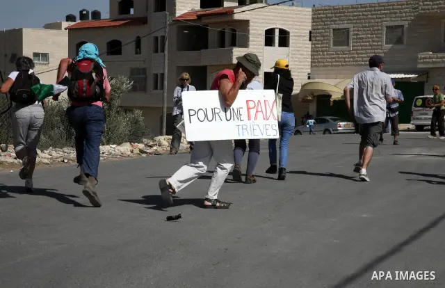 Palestinian, Israeli activists and International activists take cover from tear gas fired by Israeli forces during a protest against the controversial Israeli barrier in the West Bank village of al-Masarah, near Bethlehe...