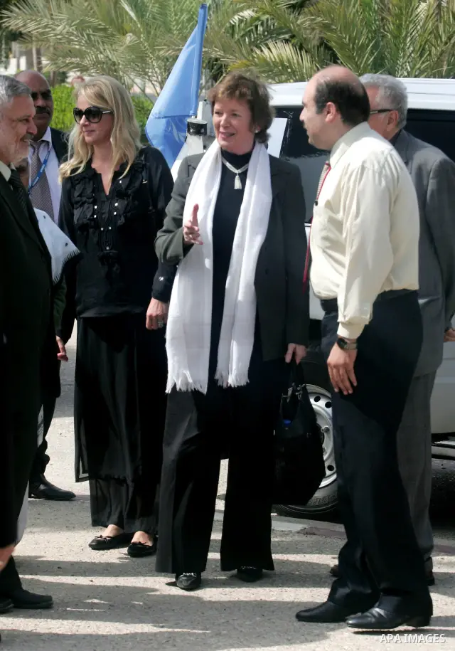 Delegates of The Elders group of retired prominent world figures, former Irish president Mary Robinson , Indian activist Ela Bhatt and former UN envoy Lakhdar Brahimi , after crossing on the border from Egypt into the so...