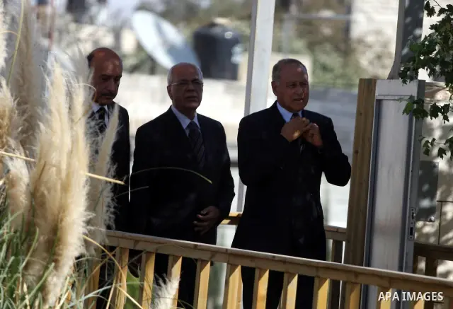 Egyptian Foreign Minister Ahmed Aboul Gheit and Egypt's Chief of Intelligence Omar Suleiman arrive for a meeting with Palestinian president Mahmoud Abbas in the West Bank city of Ramallah, on Oct. 28, 2010. Photo by Issa...