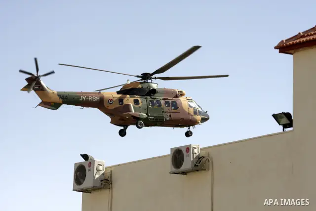 A Jordanian helicopter carries the Egyptian Foreign Minister Ahmed Aboul Gheit and Egypt's Chief of Intelligence Omar Suleiman as they arrive for a meeting with Palestinian president Mahmoud Abbas in the West Bank city o...