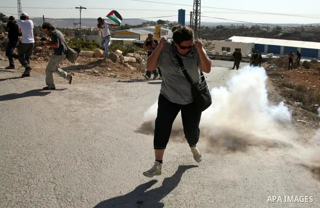 Israeli soldiers throw a stun grenade and fire tear gas towards protesters during a protest against the controversial Israeli barrier in the West Bank village of al-Masarah, near Bethlehem, November 05, 2010. Israel says...