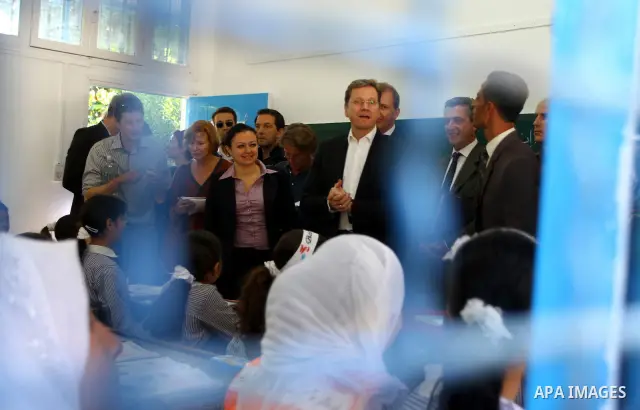 German Foreign Minister Guido Westerwelle talk with refugees students girls during his visit to Al Shatea school in the west of Gaza City on 08 November 2010. Visting German Foreign Minister Guiido Westerwelle on Monday...