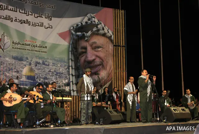 Palestinian musical band perform a traditional song during a concert commemorating the sixth anniversary of late Palestinian leader Yasser Arafat's death, in the West Bank city of Nablus, on Nov. 14, 2010. Photo by Wagdi...