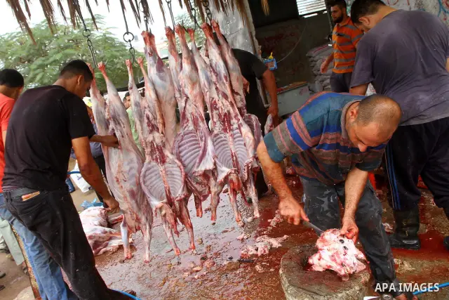 Palestinian butchers slaughter goats on the first day of Eid al-Adha in Gaza City, Tuesday, Nov. 16, 2010. Muslims worldwide celebrate Eid al-Adha, or the Feast of the Sacrifice on Nov. 16, by sacrificial killing of shee...