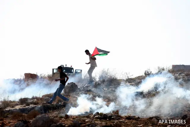 Palestinians run for cover from tear gas canisters fired by Israeli soldiers during a demonstration against Israel's separation barrier in the West Bank village of Bilin near the West Bank city of Ramallah Nov. 18, 2010....