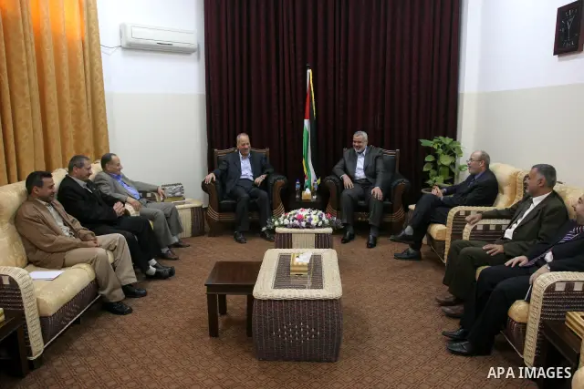 Palestinian Prime Minister in Gaza Strip , Ismail Haniyeh during a meeting with Democratic Front in his office , in Gaza City on Nov. 23,2010 . Photo by Mohammed Asad