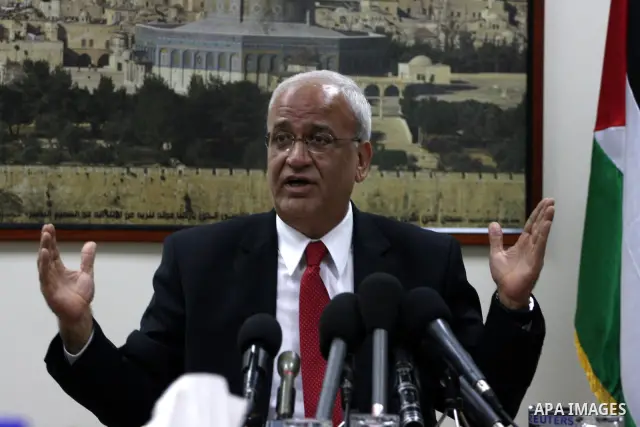 Saeb Erakat, top Palestinian negotiator speaks during a press conference at his office in the West Bank town of Ramallah, on 23 November 2010, Erakat, strongly denounced the new law passed by the Israeli parliaments (kin...