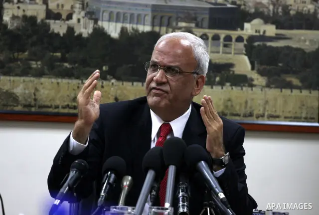 Saeb Erakat, top Palestinian negotiator speaks during a press conference at his office in the West Bank town of Ramallah, on 23 November 2010, Erakat, strongly denounced the new law passed by the Israeli parliaments (kin...