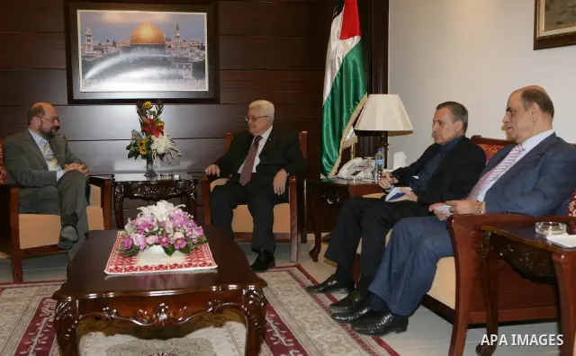 Palestinian President Mahmoud Abbas (Abu Mazen) during a meeting with Martin Schulz, head of the group of socialism and democracy in the European Parliament , in the West Bank city of Ramallah on Nov. 27,2010. Photo by T...