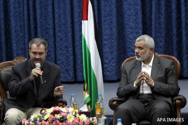 Palestinian Prime Minister in the Gaza Strip, Ismail Haniya meets with the hope convoy at his office in Gaza City on Nov. 27, 2010. The convoy carry medical aids for the Gaza and consisting of some 30 trucks and 35 membe...