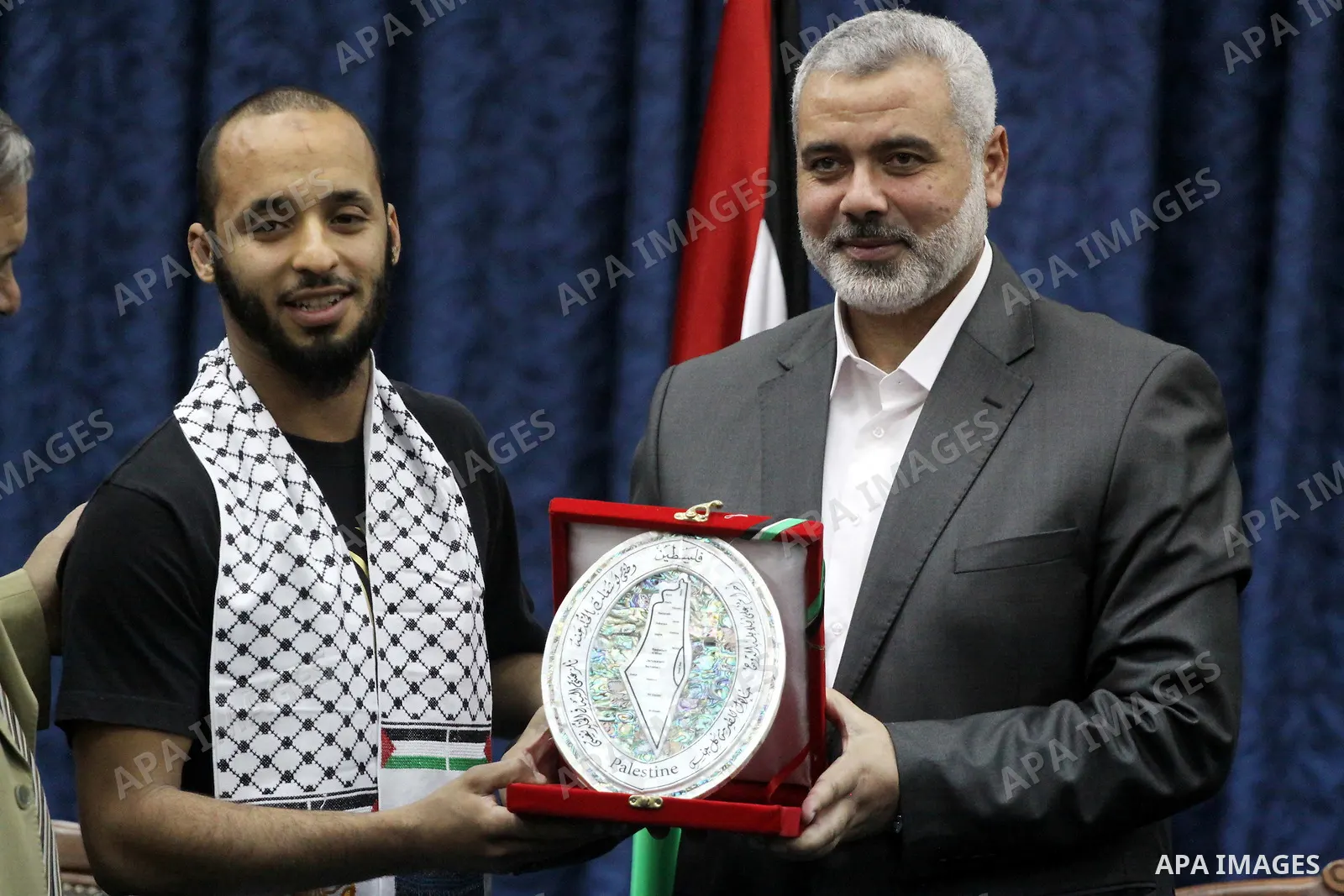 Palestinian Prime Minister in the Gaza Strip, Ismail Haniya meets with the hope convoy at his office in Gaza City on Nov. 27, 2010. The convoy carry medical aids for the Gaza and consisting of some 30 trucks and 35 membe...