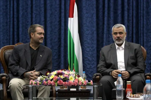 Palestinian Prime Minister in the Gaza Strip, Ismail Haniya meets with the hope convoy at his office in Gaza City on Nov. 27, 2010. The convoy carry medical aids for the Gaza and consisting of some 30 trucks and 35 membe...