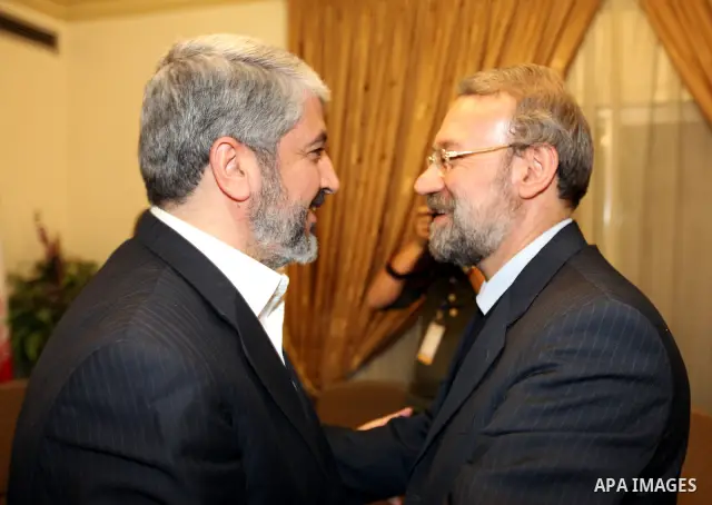 Palestinian Hamas leader Khaled Meshaal , during a meeting with Ali Larijani at the Iranian embassy headquarters , in Damascus on November 29,2010. Photo by STR