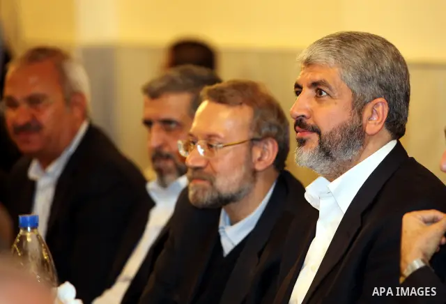 Palestinian Hamas leader Khaled Meshaal , during a meeting with Ali Larijani at the Iranian embassy headquarters , in Damascus on November 29,2010. Photo by STR