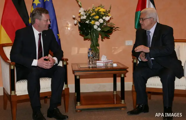 Palestinian President Mahmoud Abbas (Abu Mazen) during a meeting with German President Christian Wulff in the West Bank town of Bethlehem on November 30,2010. Photo by Thaer Ganaim