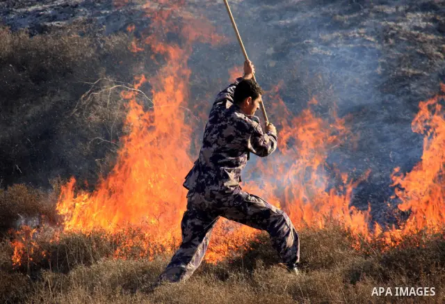 A Palestinian man tries to put out fires after fields were set ablaze in the village of Burin village, near the Jewish settlement of Yitzhar in the northern West Bank Nov. 30, 2010. According to Palestinian villagers, Je...