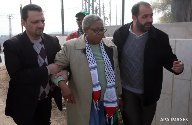 African National Congress members, Palestinian, International and Israeli protesters take part in a protest against the controversial Israeli barrier in the West Bank village of al-Masarah, near Bethlehem, December 10, 2...