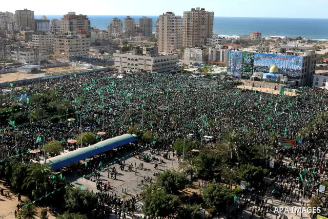 Palestinian Hamas supporters attend a Hamas rally in Gaza City December 14, 2010. The rally marks the 23rd anniversary of the founding of the Hamas movement. Photo by Mohammed Asad