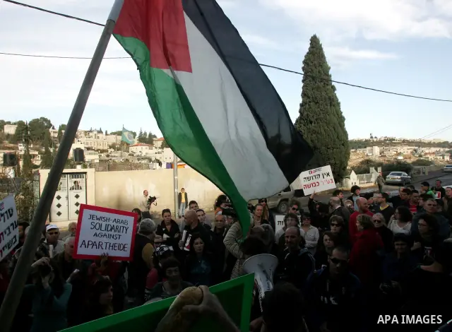 Palestinians, Israelis and foreign activists hold signs during a protest to show solidarity with Palestinian families against a Jewish settlement in the Sheikh Jarrah neighbourhood in East Jerusalem on Dec. 17, 2010. Pho...
