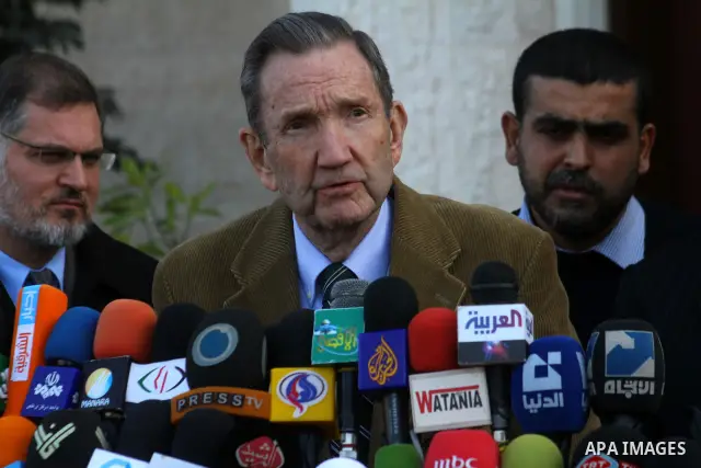 Former US Attorney General Ramsey Clark and Palestinian Prime Minister in Gaza Strip, Ismail Haneya attend a press conference in Gaza City on Jan. 5, 2011. An unofficial American delegation headed by former US Attorney G...