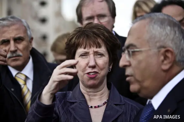 Palestinian Prime Minister, Salam Fayyad shows EU Foreign Policy Chief Catherine Ashton an area disputed with Israel on the outskirts of the West Bank city of Ramallah on January 6, 2011. Photo by Issam Rimawi