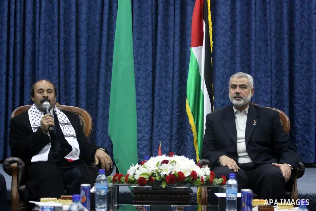 Palestinian Prime Minister in Gaza Strip, Ismail Haniyeh during a meeting with members of the Libyan convoy " Al-Quds 5 " at his office in Gaza city on Jan. 9, 2011. Photo by Mohammed Asad