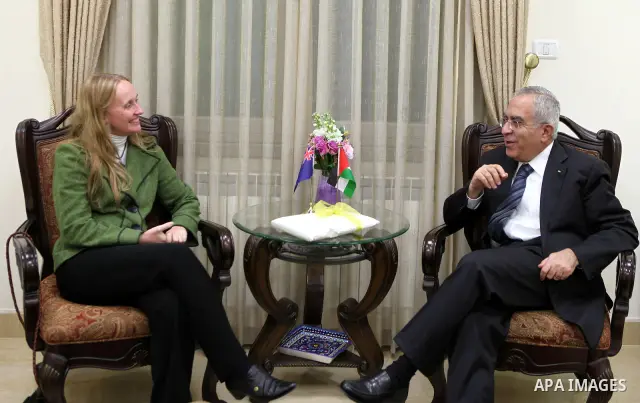 Palestinian Prime Minister, Salam Fayyad during a meeting with New Zealand Ambassador for the Palestinian Authority, Andrea Smith in the West Bank city of Ramallah on Jan. 11,2011. Photo by Mustafa Abu Dayeh