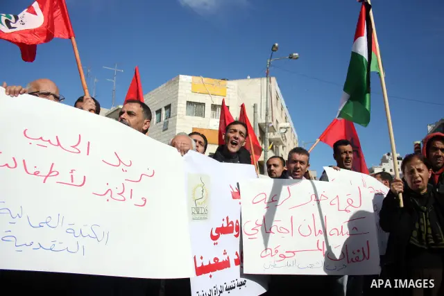 Palestinians take part in a protest against prices rising and high taxes in the West Bank city of Ramallah on Jan. 12, 2011. Fuel prices rises 5% as more than 150,000 Palestinian families considers under the poverty line...