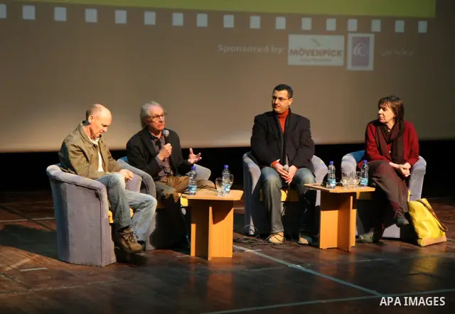 British film director Ken Loach delivers a speech during the screening of his film "The Wind That Shakes the Barley" in the West Bank city of Ramallah on January 11, 2011. Photo by Issam Rimawi