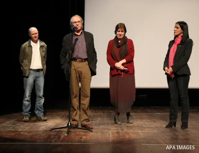 British film director Ken Loach delivers a speech during the screening of his film "The Wind That Shakes the Barley" in the West Bank city of Ramallah on January 11, 2011. Photo by Issam Rimawi