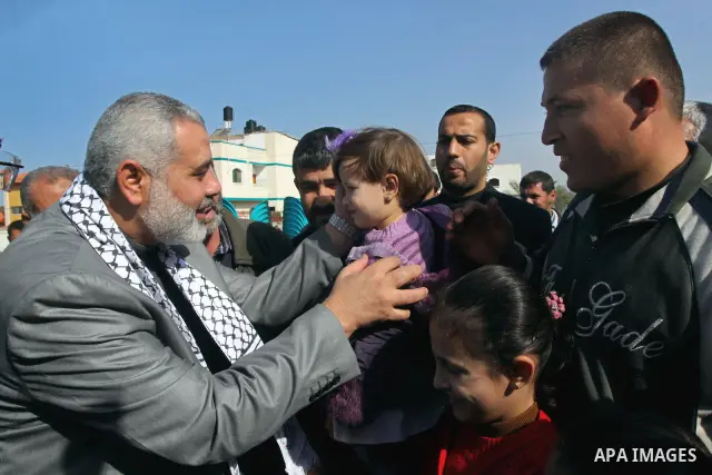 Palestinian Prime Minister in Gaza, Ismail Haniyeh during the launching ceremony and placing the corner stone of the first phase of the reconstruction project of houses completely destroyed during the 22-day Israeli war...