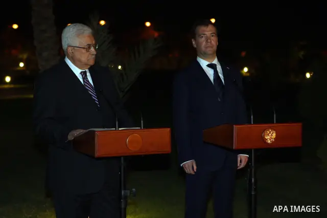 Palestinian Authority President Mahmud Abbas (L) and Russian President Dmitry Medvedev (R) address to media during their visit to the Jericho Museum in the West Bank Oasis town of Jericho on 18 January 2011. Photo by Tha...