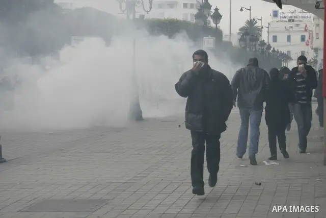Tunisians run away as police use tear gas during a demonstration against Tunisia's ruling Constitutional Democratic Rally party (RCD) in the center of Tunis, Jan. 18. 2011. Tunisian interim president Foued Mebazaa and Pr...