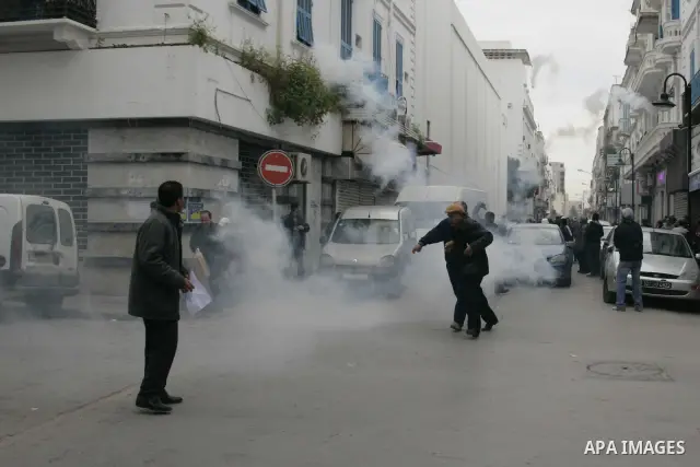 Tunisians run away as police use tear gas during a demonstration against Tunisia's ruling Constitutional Democratic Rally party (RCD) in the center of Tunis, Jan. 18. 2011. Tunisian interim president Foued Mebazaa and Pr...