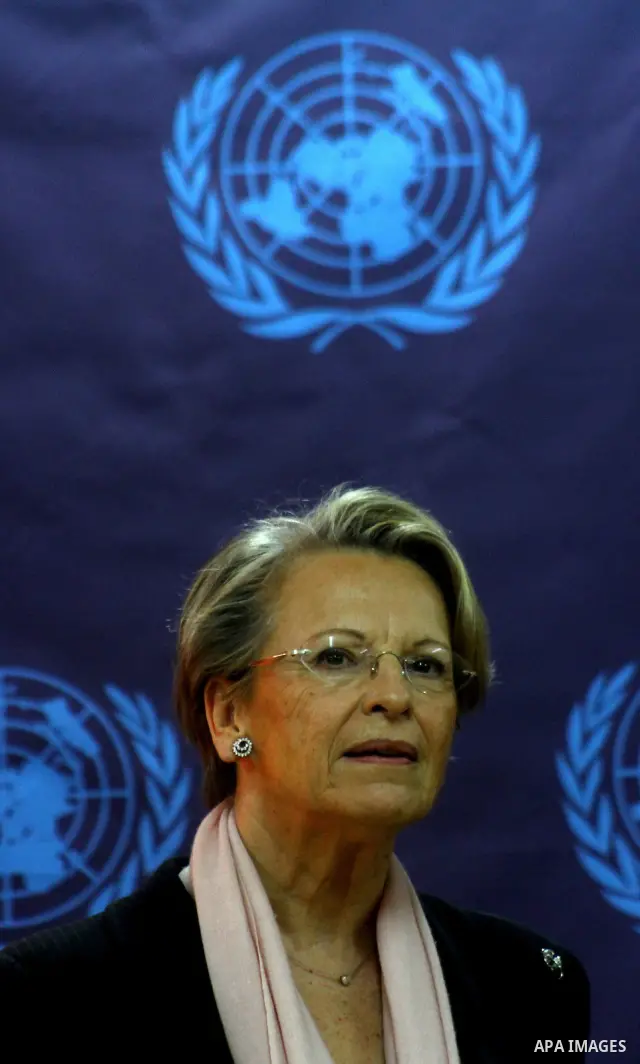 French Foreign Minister Michele Alliot Marie holds a press conference at the U.N. office in Gaza City, on Jan. 21, 2011. A crowd of furious Palestinian protesters tried to block the French foreign minister on her way int...