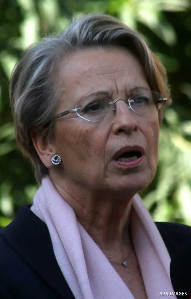 French Foreign Minister Michele Alliot-Marie speaks during a press conference at the French Institute in Gaza City, on Jan. 21, 2011. A crowd of furious Palestinian protesters tried to block the French foreign minister o...