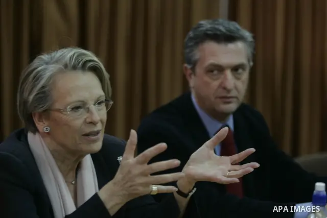 French Foreign Minister Michele Alliot Marie attends a press conference at the U.N. office in Gaza City, on Jan. 21, 2011. A crowd of furious Palestinian protesters tried to block the French foreign minister on her way i...