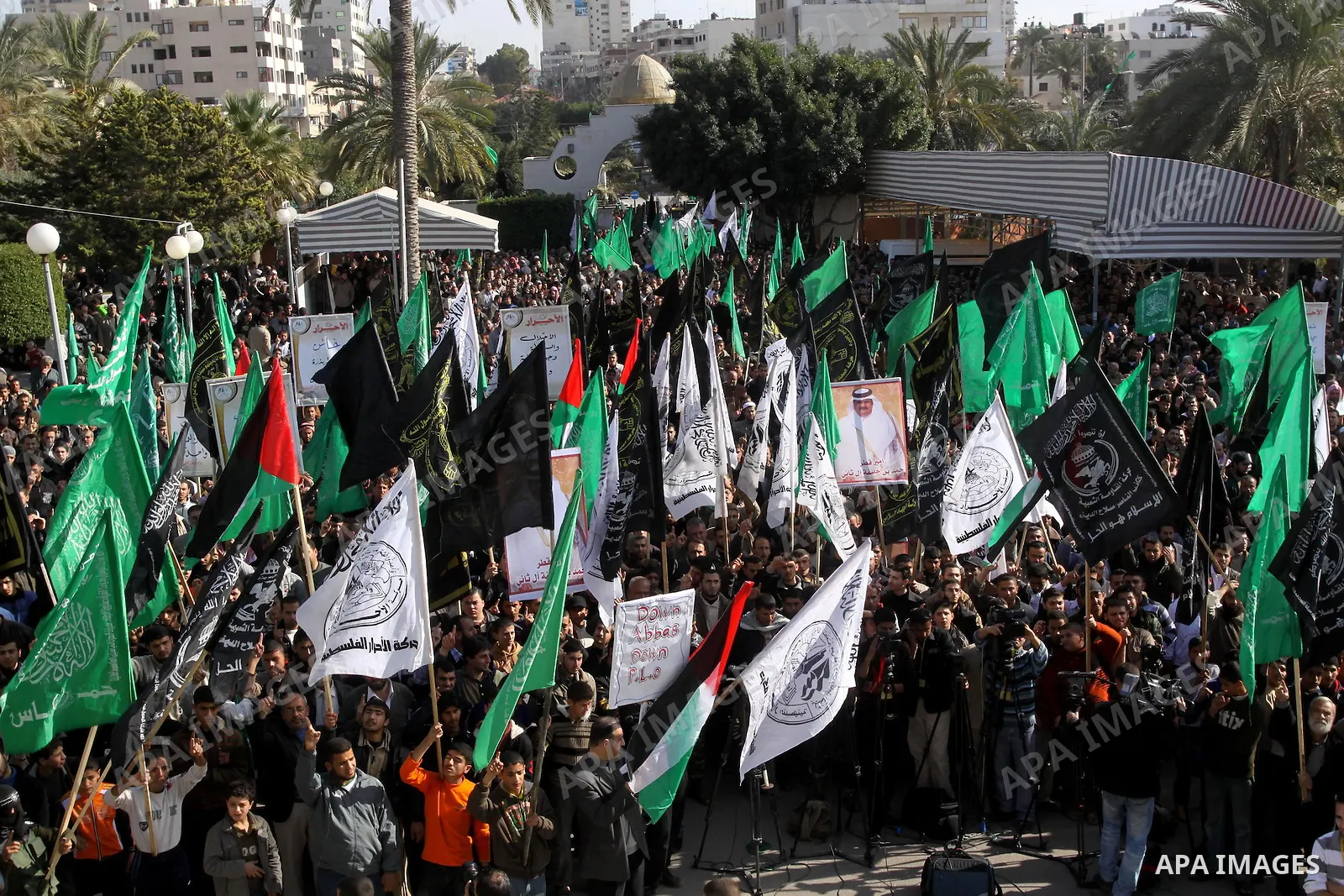 Palestinians protest against Palestinian President Mahmoud Abbas and his government following a recent broadcast by Al-Jazeera reportedly linking him to making broad concessions to Israel in peace talks, in Gaza city, Fr...