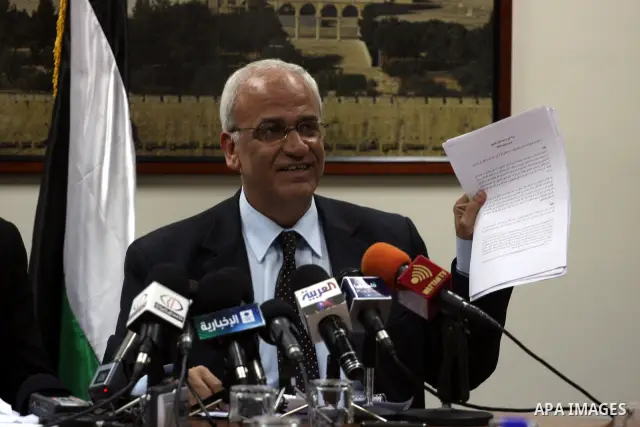 Saeb Erakat, top Palestinian negotiator speaks during a press conference at his office in the West Bank city of Ramallah on Jan. 29, 2011. Photo by Issam Rimawi
