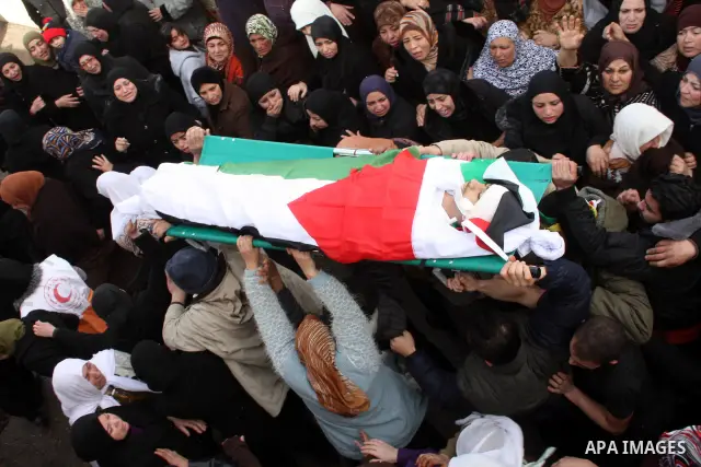 Palestinians carry the body of Youssef Ekhaleil during his funeral in the West Bank village of Beit Omar, near Hebron, Saturday, Jan. 29, 2011. Ekhaleil died from wounds sustained during a clash with settlers on Friday P...