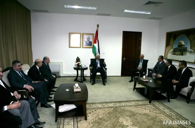 Palestinian President Mahmoud Abbas during a meeting with the heads of the Public Prosecutor in the northern governments in the West Bank city of Ramallah on Jan. 30,2011. photo by Omar Rashidi