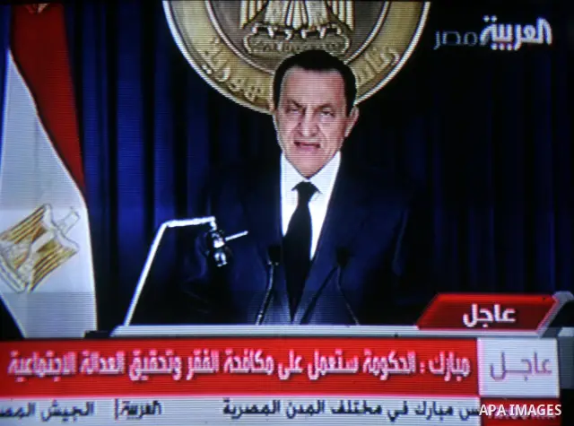 In this image from Egyptian state television aired Tuesday evening Feb. 1,2011, Egyptian President Hosni Mubarak makes what has been billed as an important speech. Mubarak has faced a week of public and international pre...