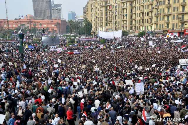 Anti-government protesters demonstrate in Tahrir, or Liberation Square in Cairo, Egypt, Tuesday, Feb. 1, 2011. More than a quarter-million people flooded into the heart of Cairo Tuesday, filling the city's main square in...